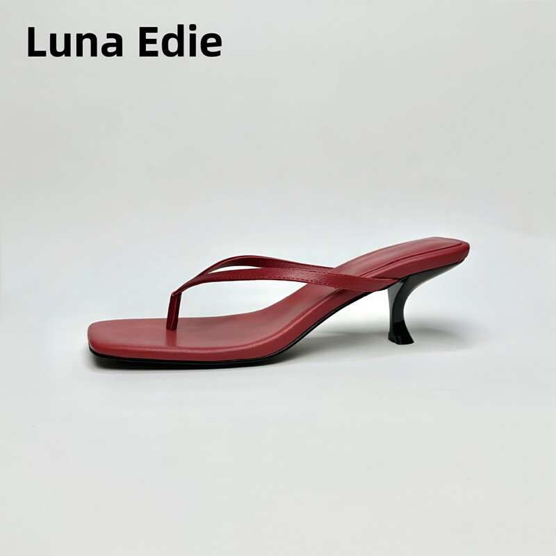 Luna Edie Retro Red Square-Toe Thong-Toe Kitten Heel Slippers for Women