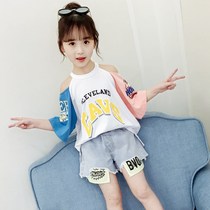 Girls summer suit 2021 new Korean childrens clothing fashion childrens summer denim shorts t-shirt two-piece set tide