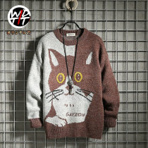 Wdtti Japanese trendy brand loose cat sweater mens ins Korean version of the trend sweater student color crew neck sweater