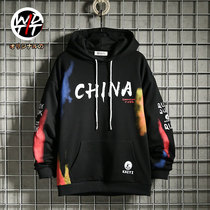 Spring Japanese tide brand trend loose plus velvet sweater Mens ins Youth national tide splash ink printing hoodie