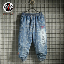 Wdtti Japanese retro trend brand loose tooling jeans mens ins handsome trend long pants closed drawstring pants