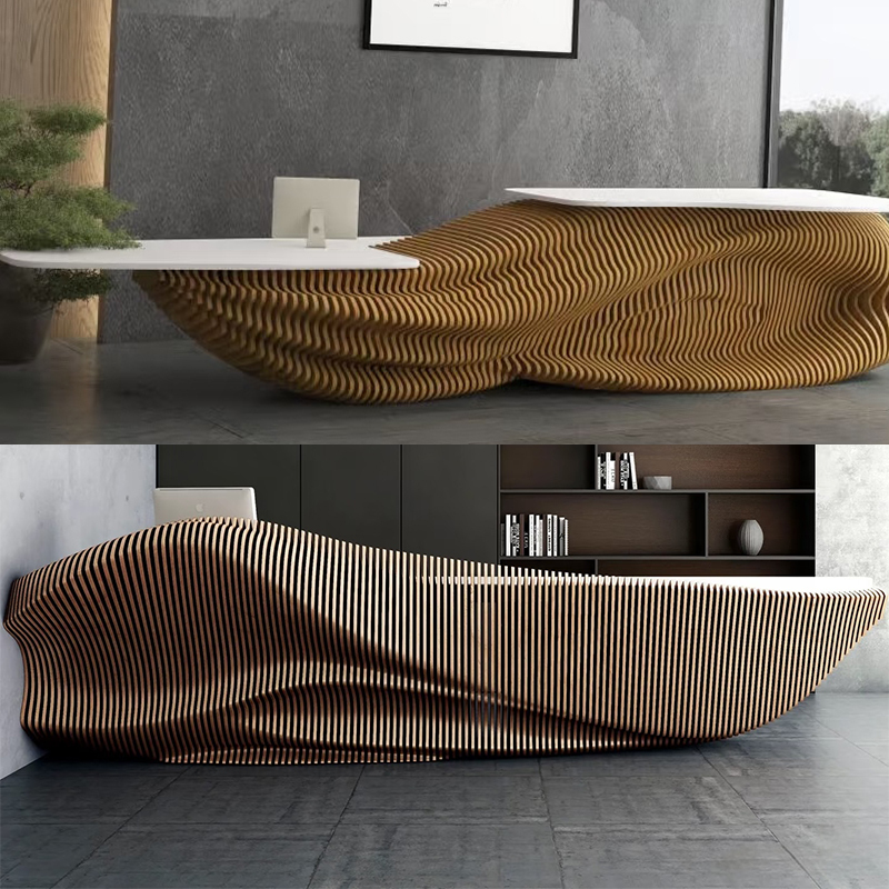 Modern Art Curved Front Desk with Sliced Solid Wood Wave Pattern, Company Reception Desk, Milk Tea Shop Light Luxury Cash Register Counter, Popular Model