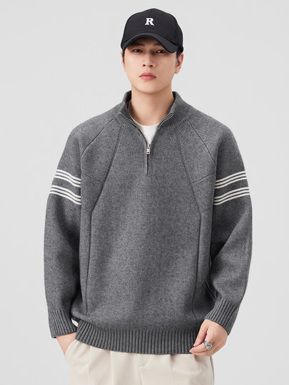 Chun Tuan 830G Heavyweight Half-Zip Sweater Men's Autumn and Winter Thickened Warm Contrast Color Striped Lazy Style Knitted Sweater Jacket