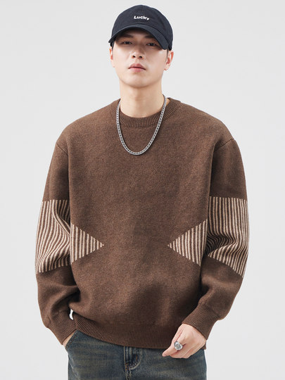 700G Heavy Knitted Sweater Men's Autumn and Winter 2026 New Thickened Warm Splicing Lazy Feeling Sweater Couple