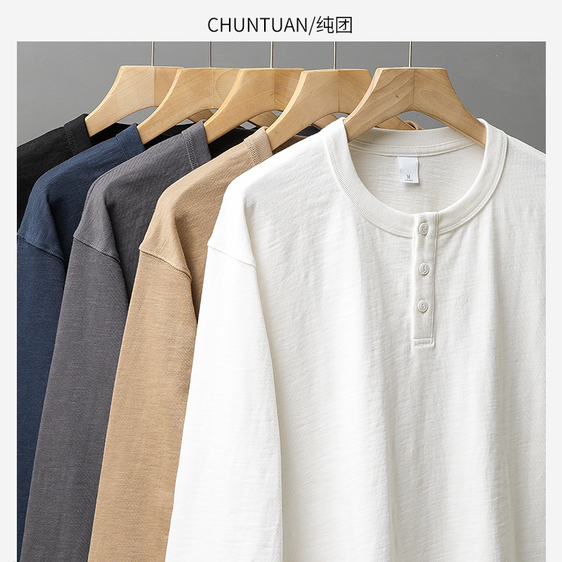 320g Heavyweight Henley Collar Long-Sleeve T-Shirt for Men, Spring and Autumn Pure Cotton Henley Shirt, White Base Layer Sweatshirt