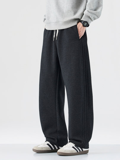 460G heavyweight straight-leg sweatpants men's winter American fashion brand plus velvet warm striped loose sports casual trousers