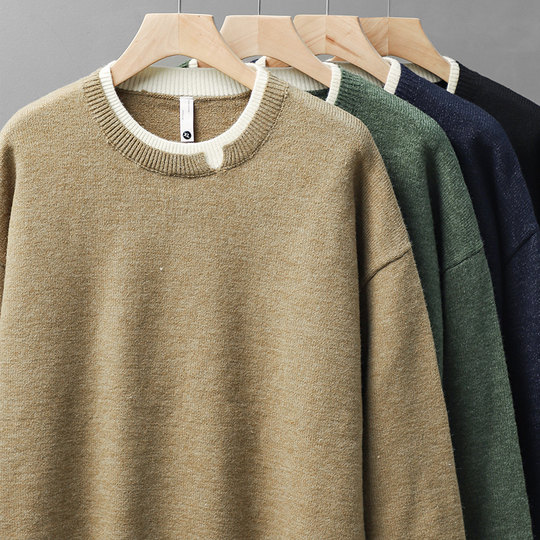 Japanese retro heavyweight fake two-piece sweater for men in autumn and winter new round neck pullover bottoming shirt for men to wear outside