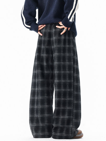 Pure heavyweight plus velvet plaid casual pants for men in winter, thickened and warm, American retro loose wide-leg straight trousers