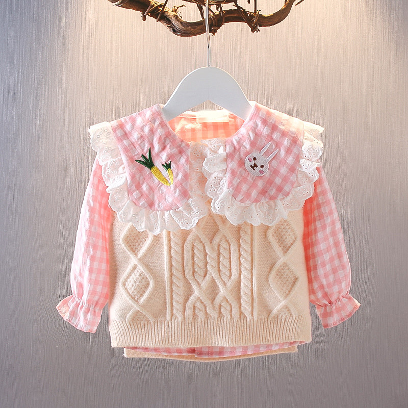 Female Baby Spring Dress Plaid Shirt 0-2-3-4 Year Old Girl Long Sleeve Shirt Knit Horse Chia Suit Baby Shirt