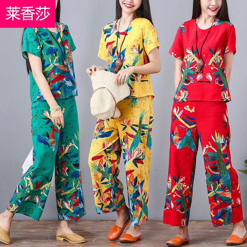 gió quốc gia mùa hè váy đang lớn bông vải phù hợp với retro của phụ nữ loose-fitting đầu ngắn tay quần rộng chân lanh hai mảnh bộ