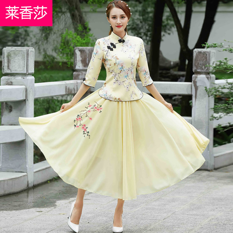 Han chiếc váy của phụ nữ váy mùa hè Quốc Gió Tang áo được cải thiện sườn xám hai mảnh thiết lập Trung Quốc gió lớn đang in váy nghệ thuật trà