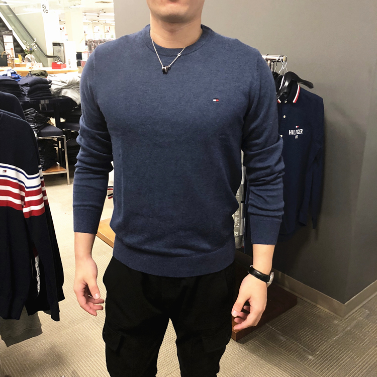 Tommy Hilfiger Men's New Autumn Style Simple Solid Color Versatile Round Neck Long-Sleeved Knitwear Casual Knitwear