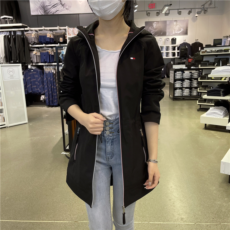 Tommy Hilfiger Women's New Autumn and Winter Solid Color Hooded Drawstring Waist Waterproof Windbreaker Jacket Mid-Length