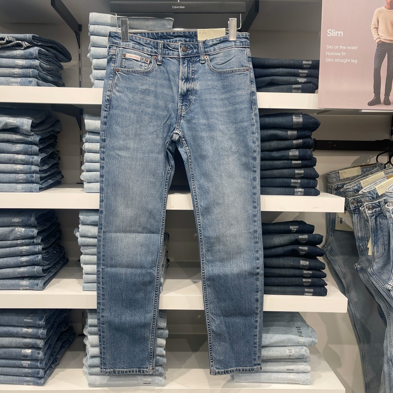 Ck Calvin Klein Men's New Autumn and Winter Blue Washed White Straight-Leg Jeans Slim