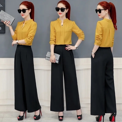大码阔腿裤套装女春秋装2020新款韩版宽松小香风雪纺衬衫时尚套装