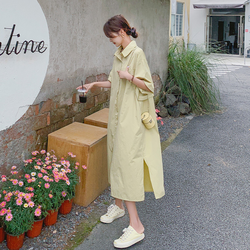 Korean Simple Casual Polo Collar Shirt Dress for Women Summer 2026 New Loose Elegant Side Slit Long Dress