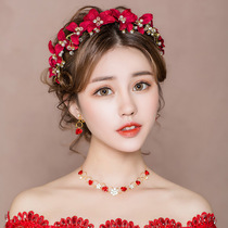  Exquisite headdress New Chinese bridal headdress Korean hairband Red three-piece set Forest wedding toast service hair accessories