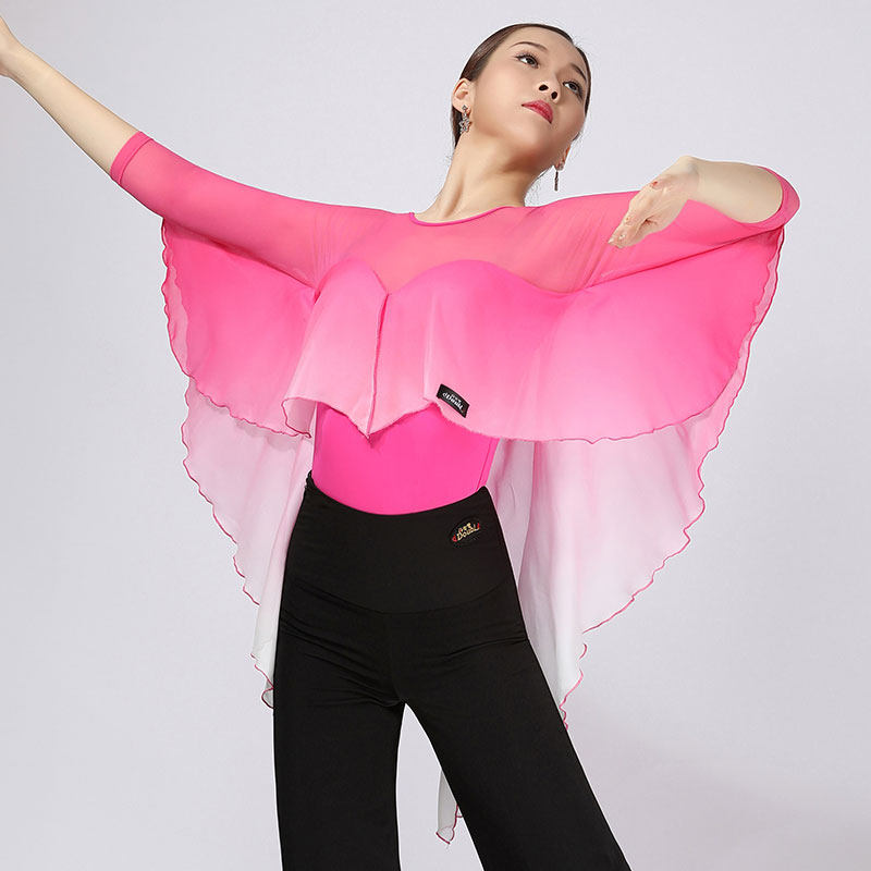 Dan Bao Luo flutter sleeves Latin dance practice dress modern costume rose red lady dance top mesh ballroom dance costume