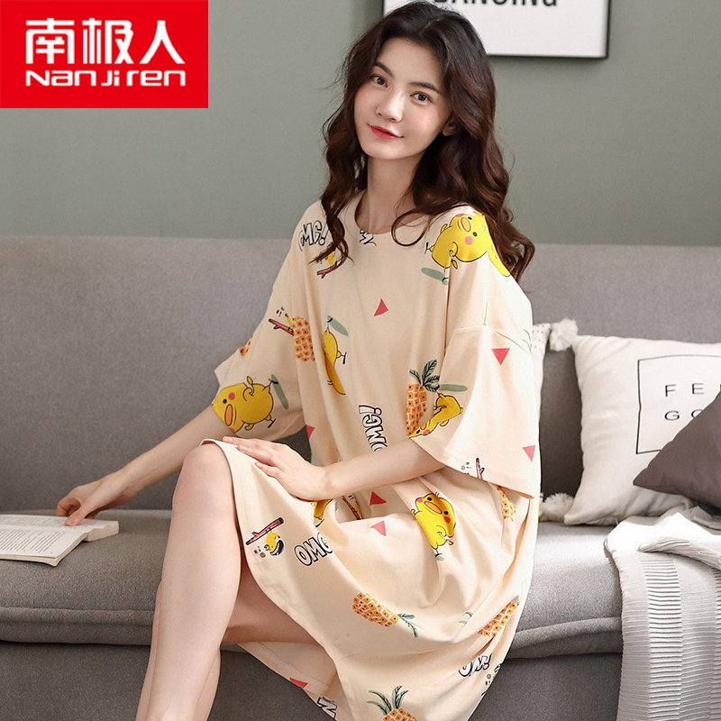 South Pole Sleeping Dress Woman Summer Pure Cotton Short Sleeve Pyjamas Korean version Big size Fashion can be outside wearing thin spring and autumn home clothes