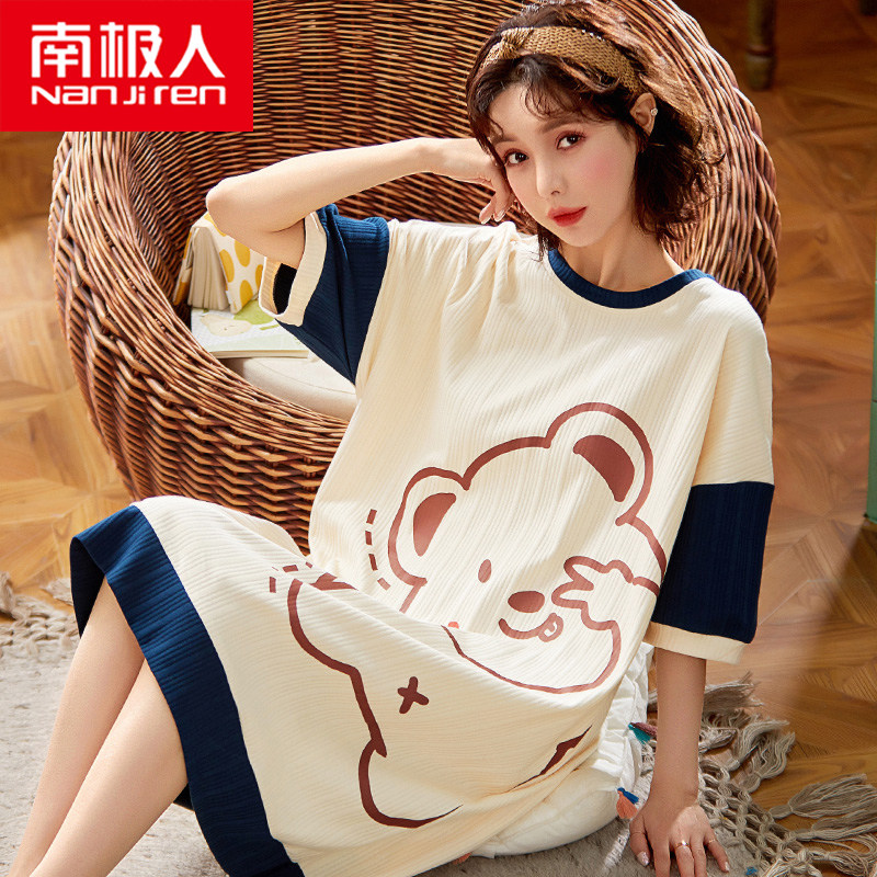South Pole Sleeping Skirt Woman Summer Short Sleeves Pure Cotton Cute Add code All cotton foreign clothes Home Sleeping Clothes Spring Summer Days