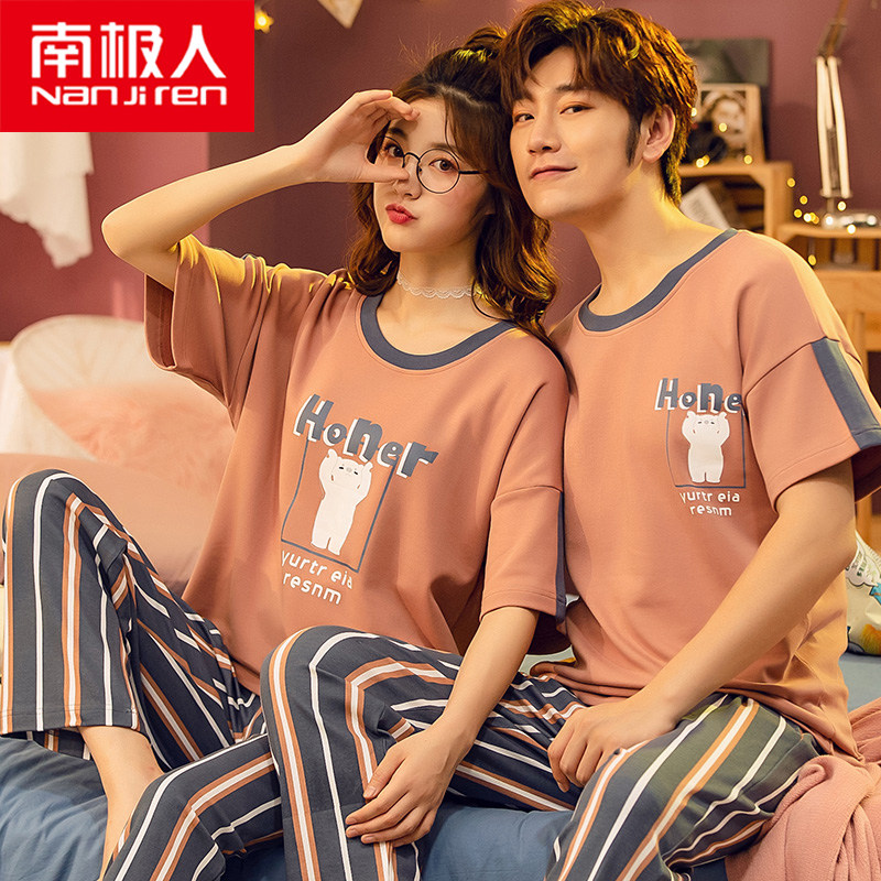 Antarctic pyjamas lovers' clothes one man and one woman summer short sleeve pure cotton long pants loose with teen home suit suit