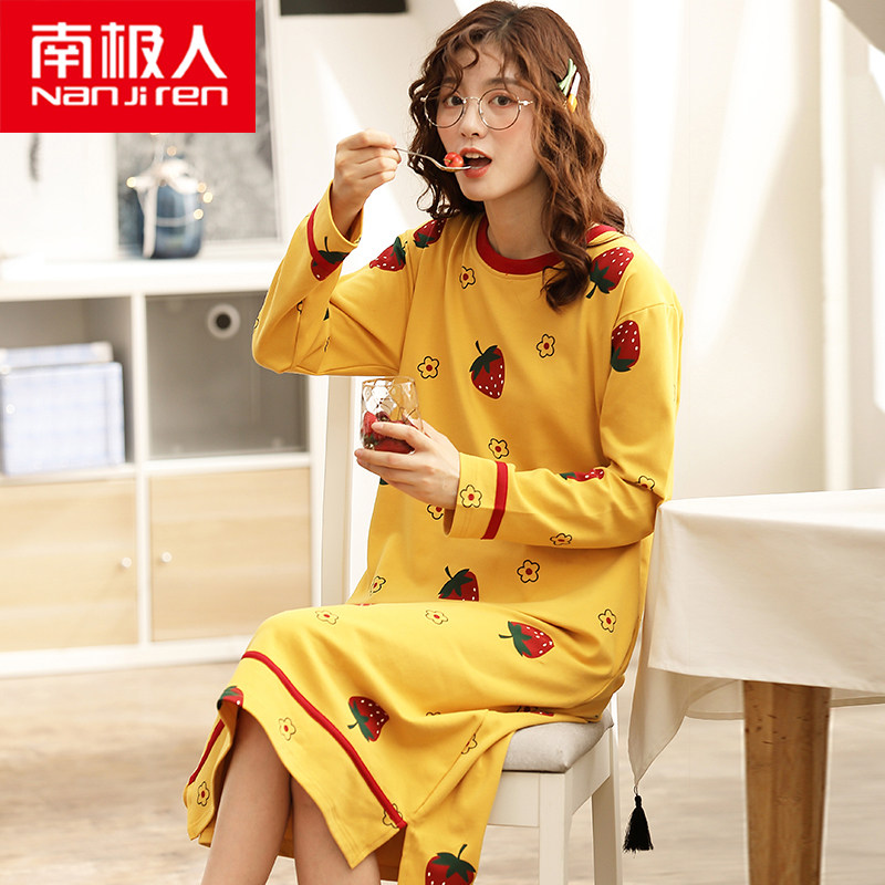 Antarctic nightgown women spring and autumn cotton long sleeves Korean version of large size pajamas autumn and winter long dress cotton home wear