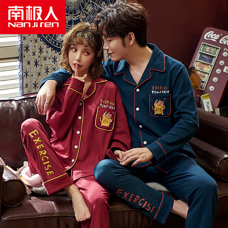 South Pole Spring Autumn Season Couple Sleepwear Women's Pure Cotton Long Sleeve Autumn Winter Cute Men Big Size Full Cotton Home Suit Suit