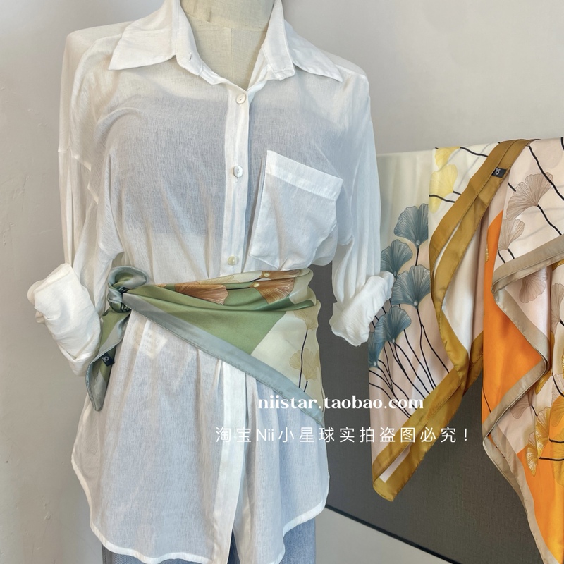 Chinese-Style Silk Scarf Paired with a Shirt, Waist Belt Accessory, Square Scarf for Women, Ginkgo Leaf Shawl, Headscarf for Tying Hair