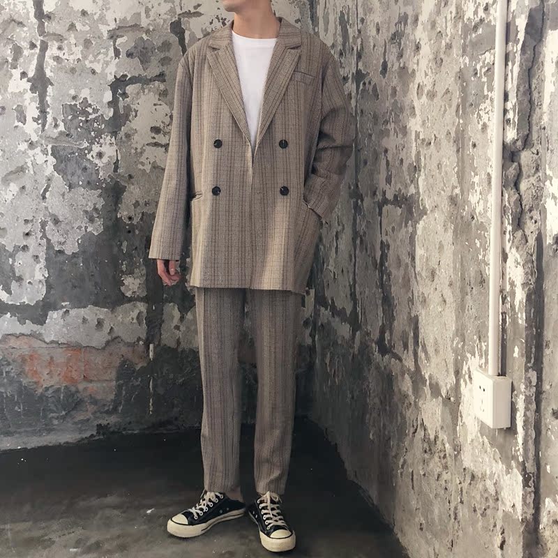 SC18ss mùa thu đông Hàn Quốc Dongdaemun áo hai dây lỏng lẻo kẻ sọc thẳng chín quần phù hợp với bộ đồ đồ vest nam