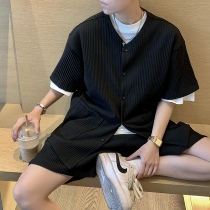SC 21 spring and summer pleated casual ruffian handsome suit men loose hanging shirt cardigan shorts a set of handsome collocation