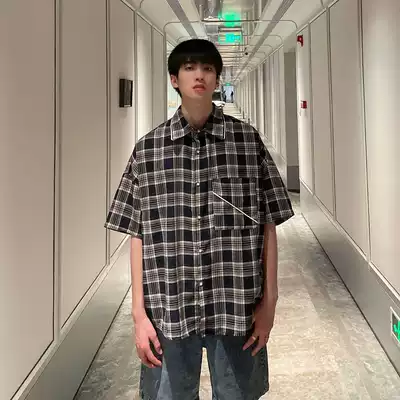 SC 2021 summer Korean retro loose BF style sub-shirt short-sleeved ins wild check shirt men's trend