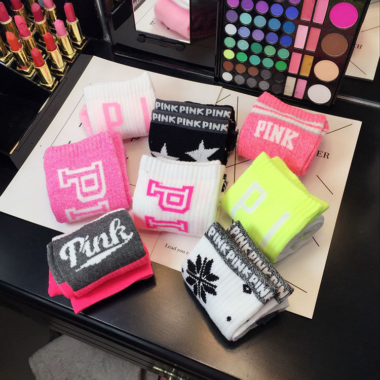 Full 6 pairs of PINK European and American street cotton stockings college wind gym marathon sports stockings