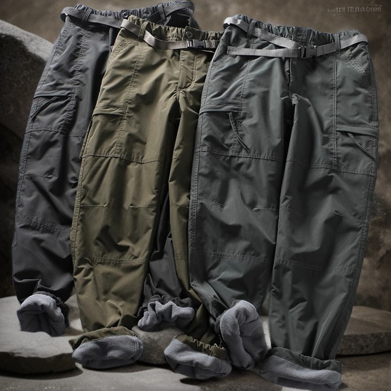 Outdoor Winter Fleece-Lined Thickened Cargo Pants with Elastic Waistband, Multiple Pockets, Straight-Leg, Loose-Fitting, Wrinkle-Free Long Pants for Men Outdoor Winter Fleece-Lined Thickened Cargo Pants with Elastic Waistband, Multiple Pockets, Straight-Leg, Loose-Fitting, Wrinkle-Free Long Pants for Men
