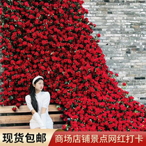 Rose waterfall wall layout simulated fake red flower head petals glacier wedding plastic bouquet internet celebrity landscaping background green plants
