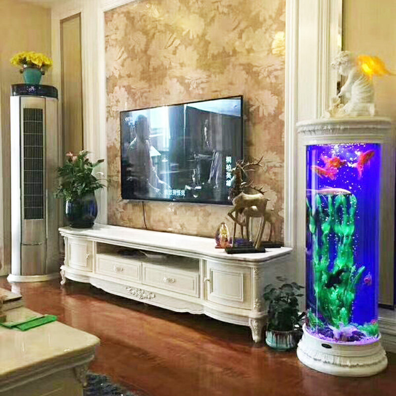 European cylindrical round glass fish tank semicircular medium aquarium TV background wall lazy goldfish tank