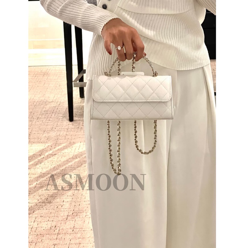 Asmoon Is the Most Fashionable! Cross-Handle Ball-Patterned Cowhide Leather Horizontal and Vertical Mini Chain Handbag for Women