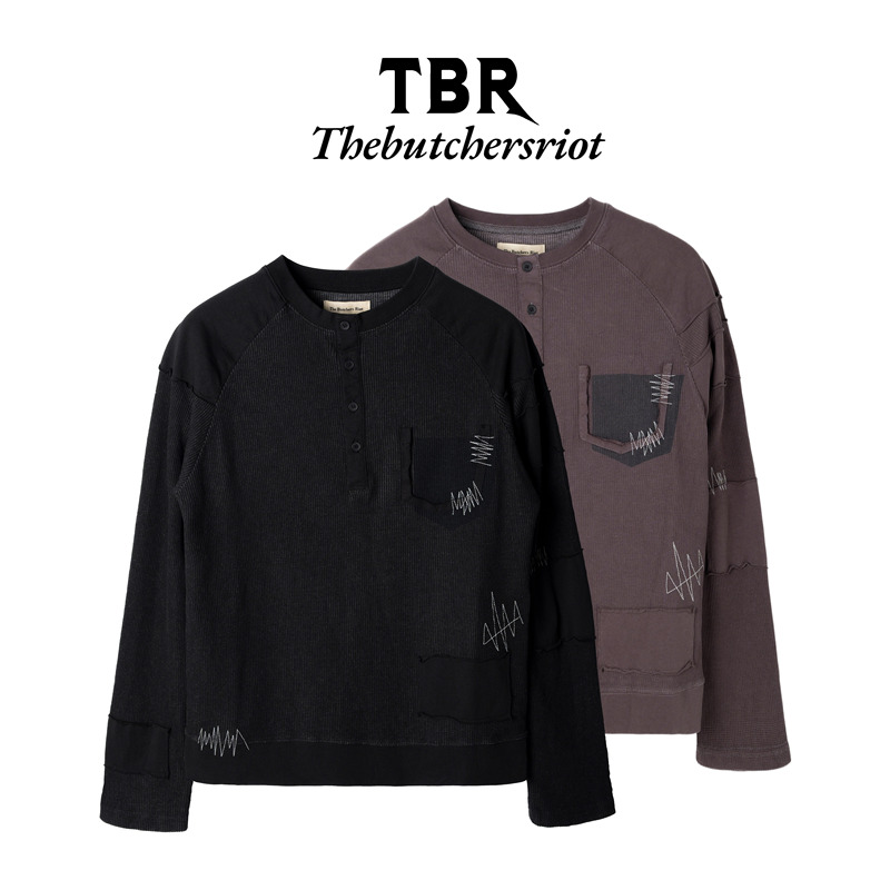 Tbr Henry Collar Washed Patchwork Structure Slim Fit Black and Brown Two-Tone Long Sleeve Unisex