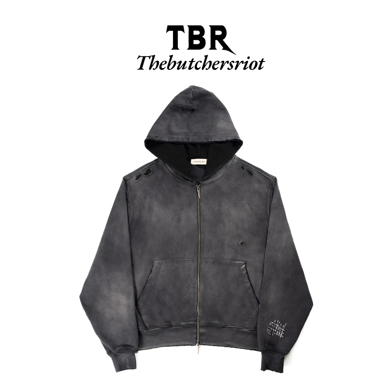 Tbr Sun Fade Washed and Sun-Dried Effect Patchwork Zipper Sweatshirt Jacket