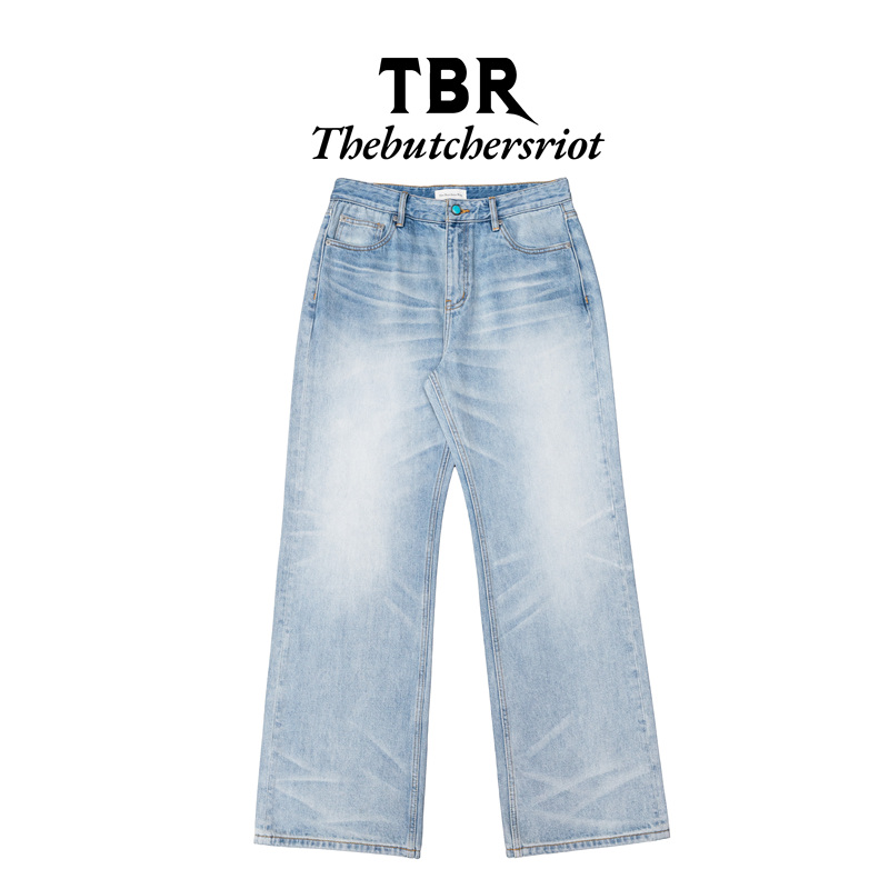 Tbr Cow King Series 08 Turquoise Washed Cream White Loose Straight A-Line Jeans