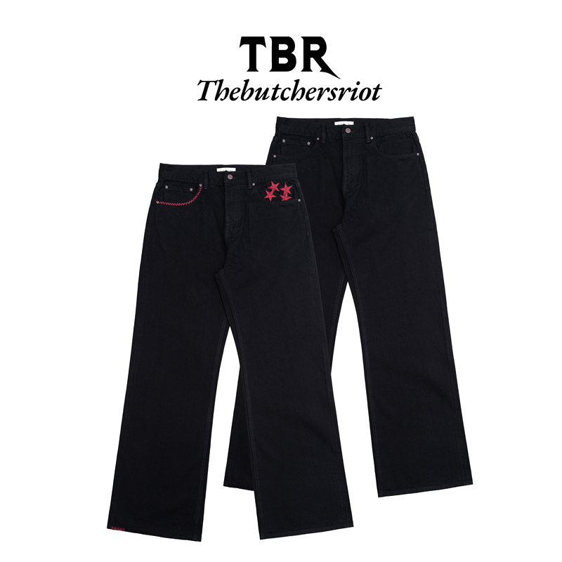 Tbr Street Series Star Embroidery Washed Double-Dye Special Black Selvedge Plain Elegant Straight-Leg Jeans Tbr Street Series Star Embroidery Washed Double-Dye Special Black Selvedge Plain Elegant Straight-Leg Jeans