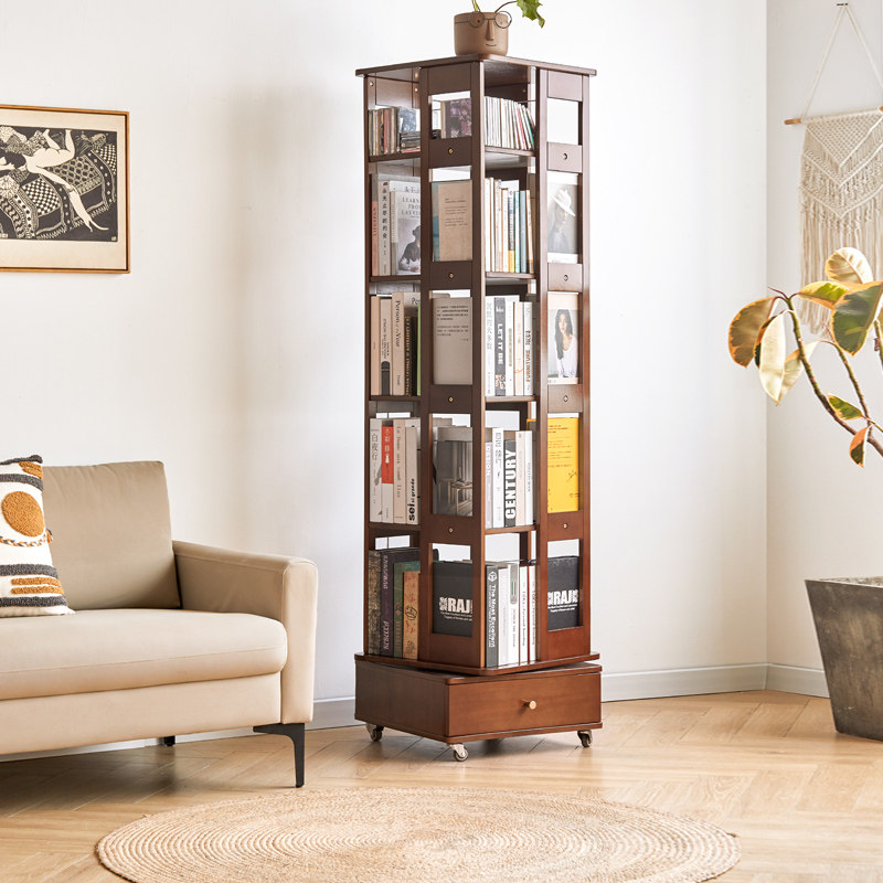 Solid wood rotating bookshelves 360-degree bookcase Home bookcase Living room Students accommodating children Easy-floor shelve