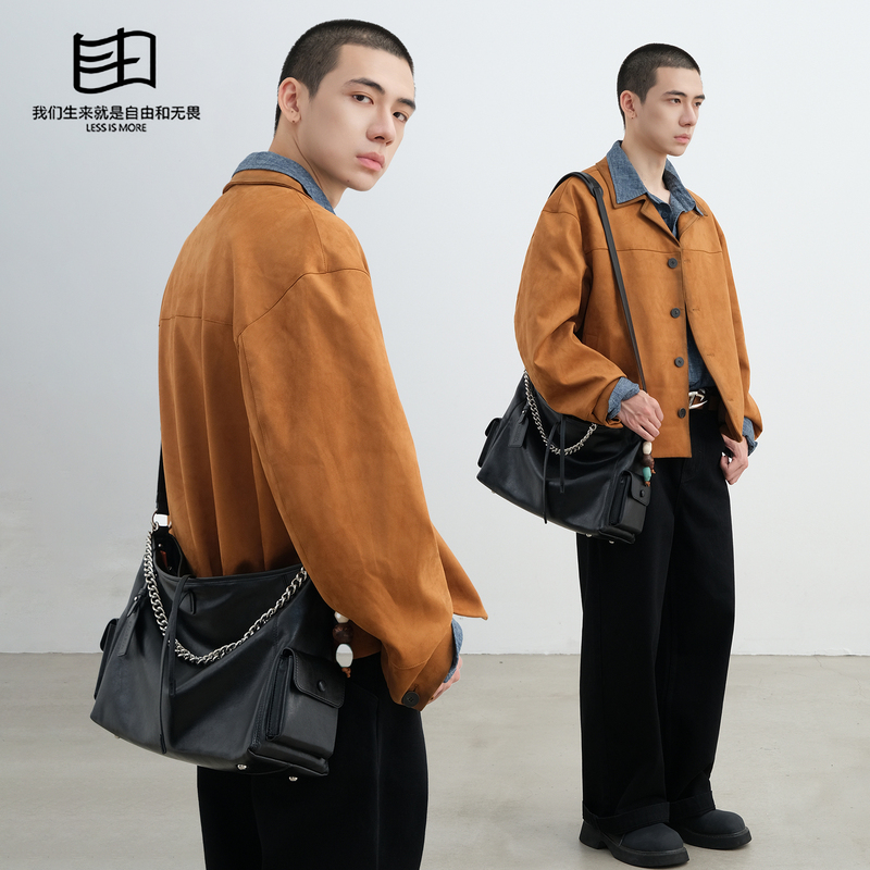 It's Freedom. Cowhide Black Warrior-Style High-End Single-Shoulder Crossbody Bag, Versatile Commuter Tote Bag, Genuine Leather Messenger Bag