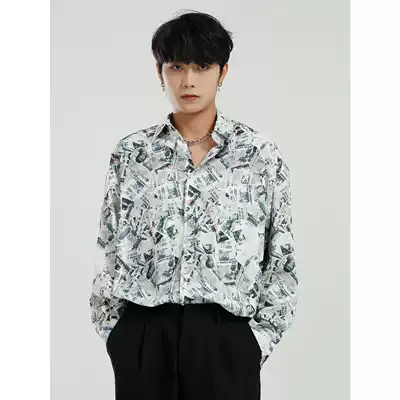 Dosho men's Korean vintage pop shirt newspaper print square collar long sleeve shirt single breasted