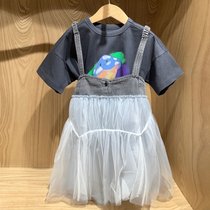 Spot children dress custom 22 summer new girl braces skirt splicing denim web yarn half skirt printed T-shirt Two sets