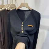 Трикотажный свитер, весенний осенний лонгслив, V-образный вырез, премиум класс, облегающий крой