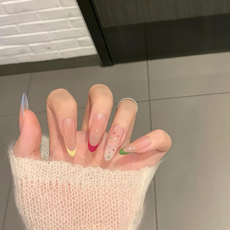 New Summer Dopamine French-Style Handmade Nail Art with Colorful Polka Dots, Nail Stickers That Enhance Complexion, High-End Long Design