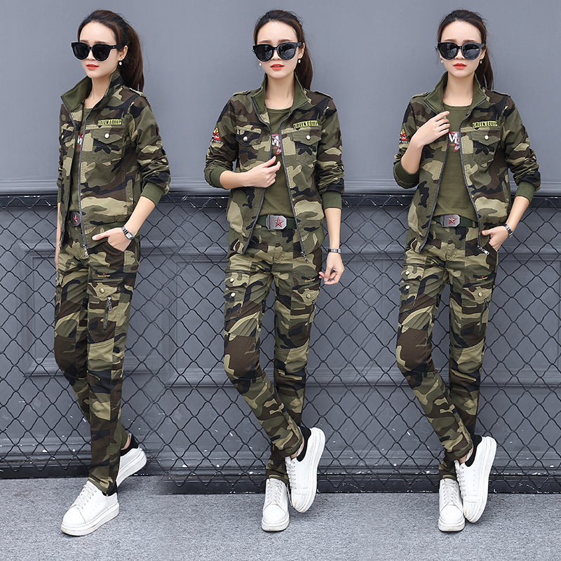 Spring and autumn season camouflages suit woman loose with large size and thin two sets of outdoor Korean version pure cotton new three sets of damp