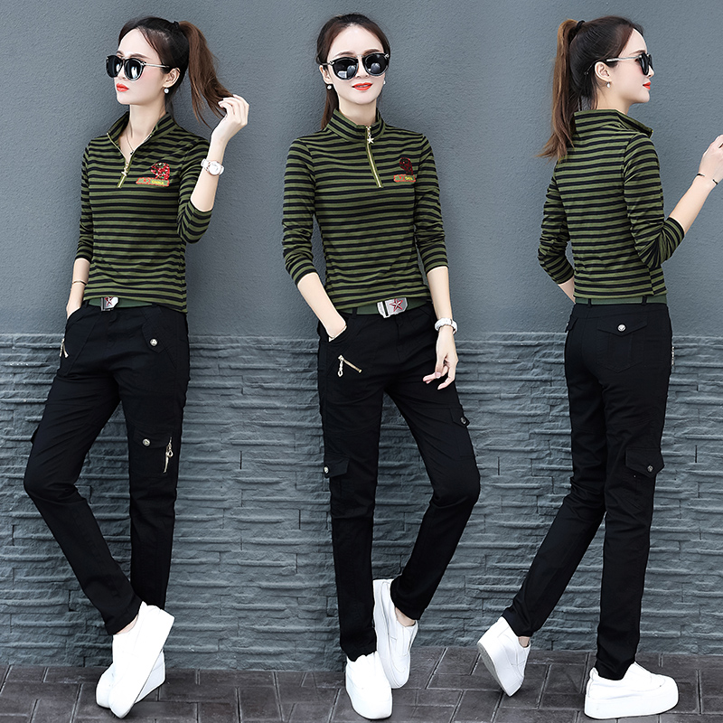 Turn over the camouflan long sleeve T-shirt female spring autumn season swarm striped long sleeve 100 hitch a uniform water soldier dance outfit two sets of damp