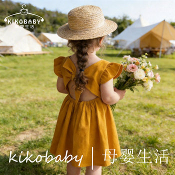 Kikobaby ເດັກຍິງ pastoral ແບບທໍາມະດາຝ້າຍ flying sleeve dress summer backless ສຸດທິສີແດງຊາ break dress ກາງເກງເດັກນ້ອຍກາງ