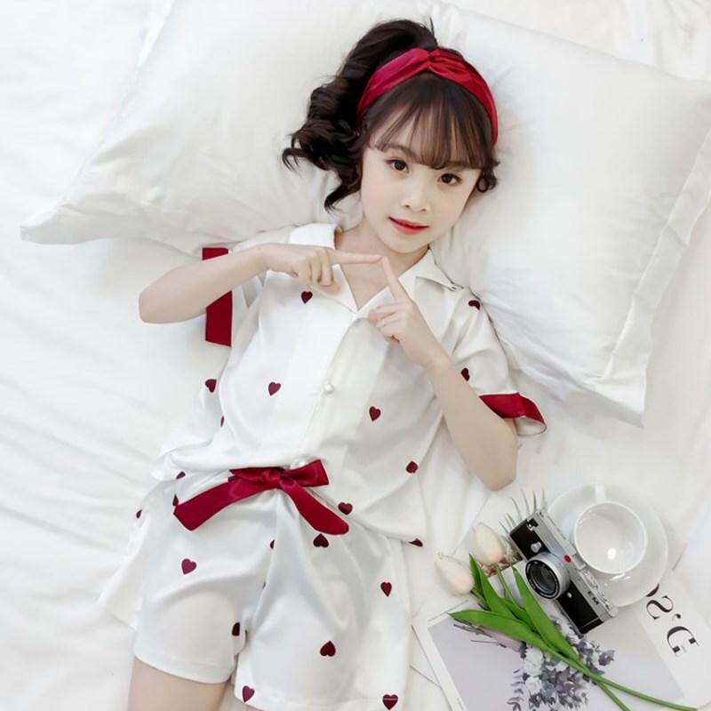 Children and girls pyjama suits summer short sleeved thin models large children ice silk little girl parent-child home clothes two sets